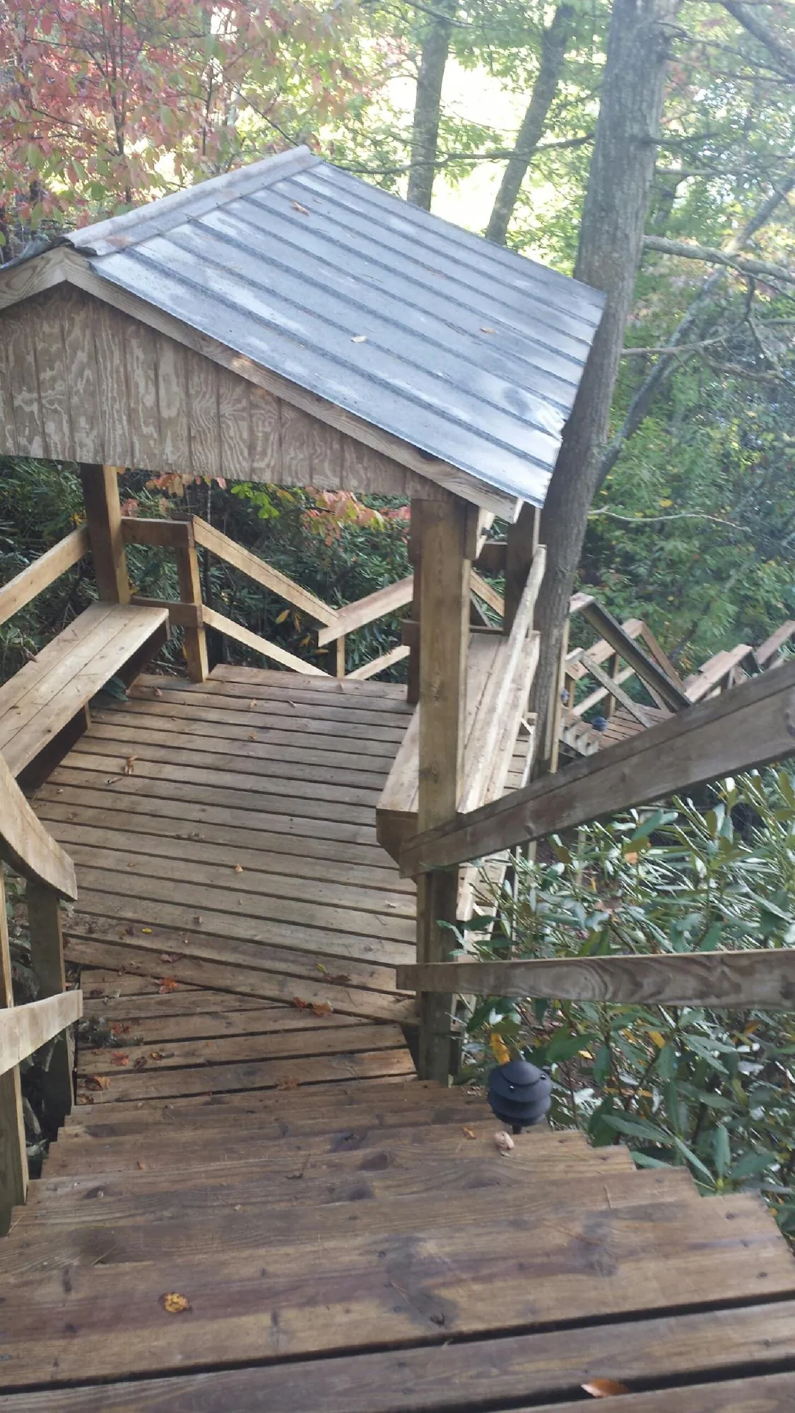 Metal roofed shelter over wooden steps on a wooded walkway — Skylight Repair & Installation work by our crew in Wana